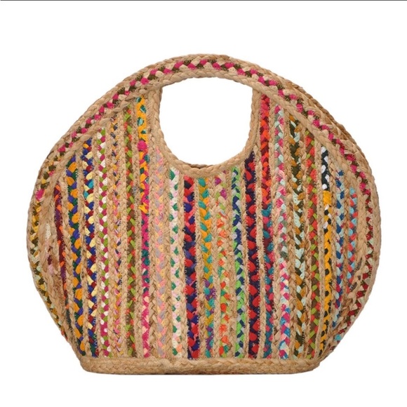 Antik Kraft Woven Ruhi Jute Straw Recycled Fabric Shopper Rainbow Handbag New - Picture 2 of 7